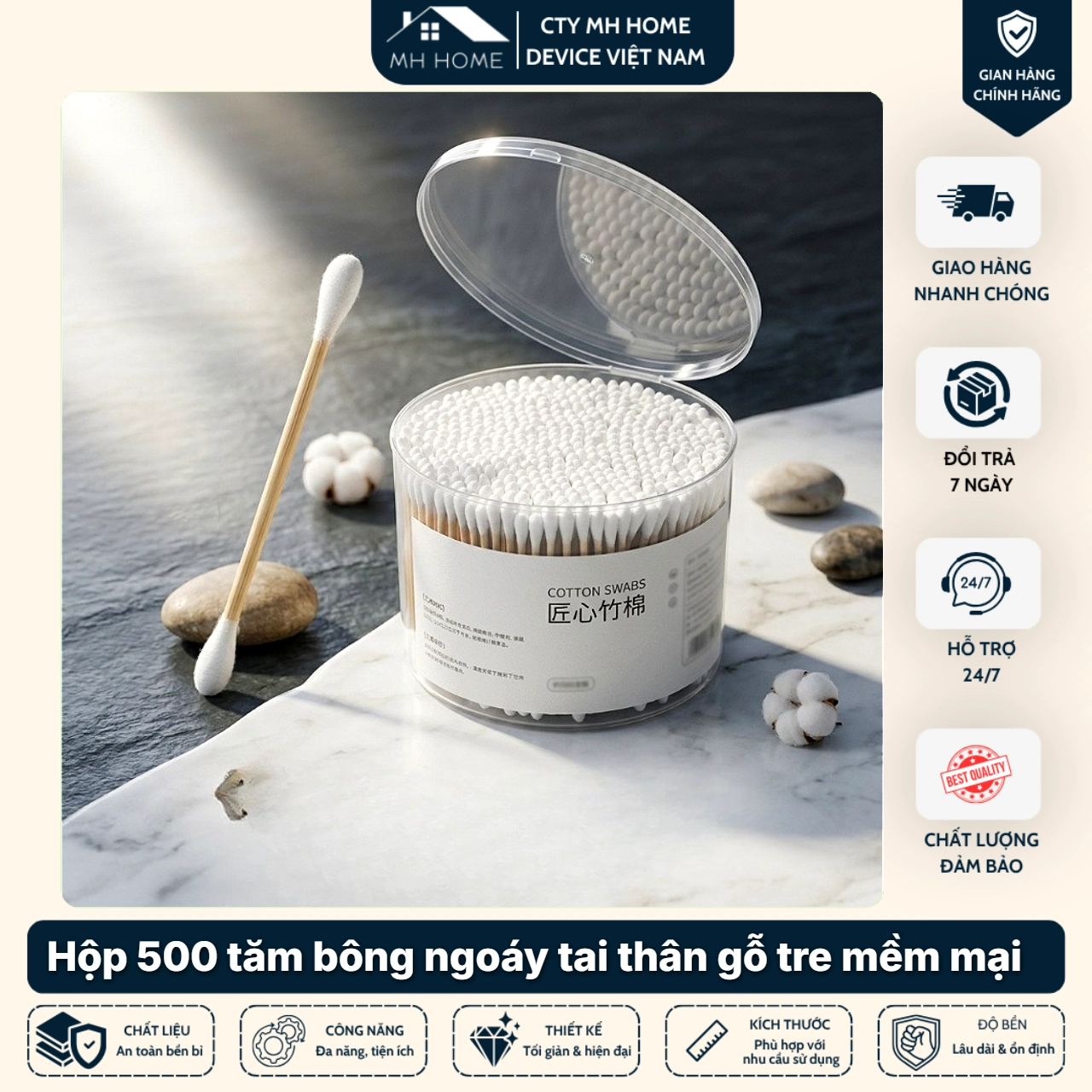 Combo 3 Hộp 500 tăm bông ngoáy tai thân gỗ tre mềm mại thân thiện với môi trường